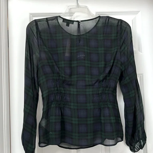 J.CREW NWT Chiffon shirred-waist top in Black Watch plaid - Picture 3 of 12
